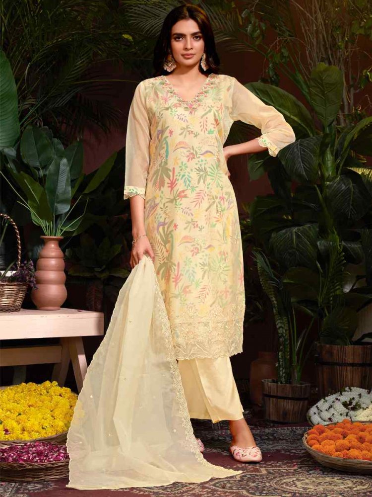 Beige Organza Embroidered Festival Casual Ready Pant Salwar Kameez