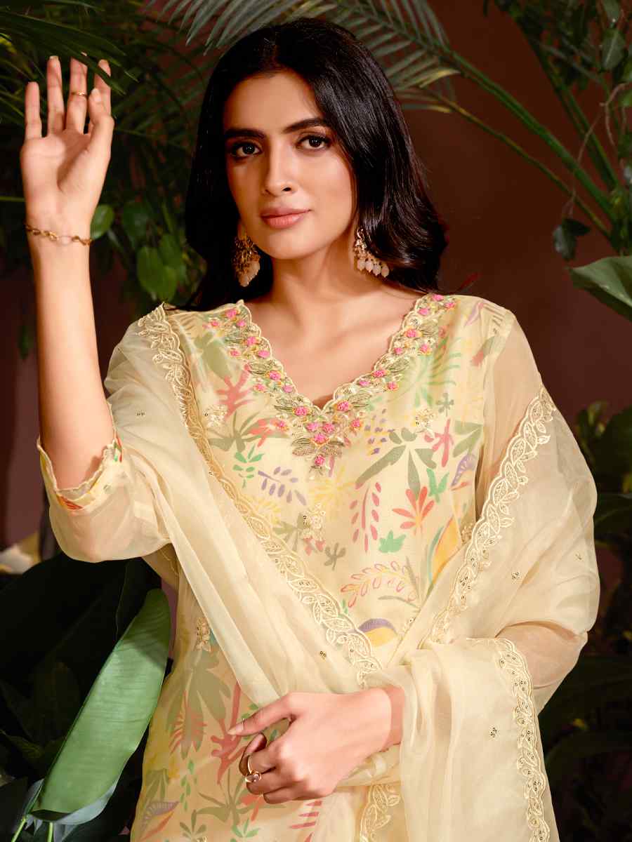 Beige Organza Embroidered Festival Casual Ready Pant Salwar Kameez