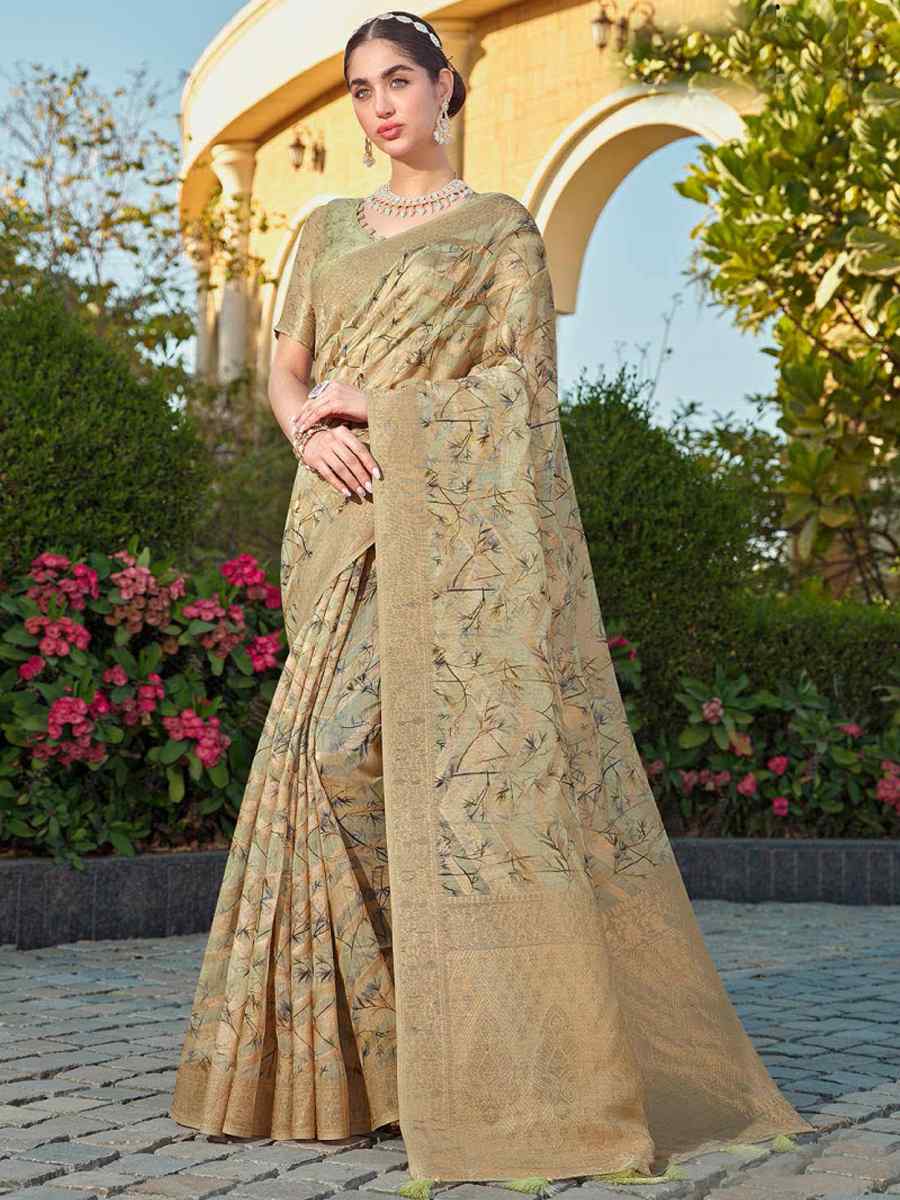 Beige Organza Handwoven Festival Wedding Heavy Border Saree