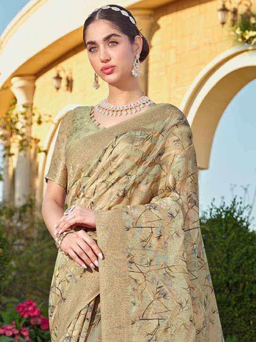 Beige Organza Handwoven Festival Wedding Heavy Border Saree