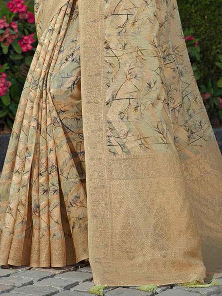 Beige Organza Handwoven Festival Wedding Heavy Border Saree