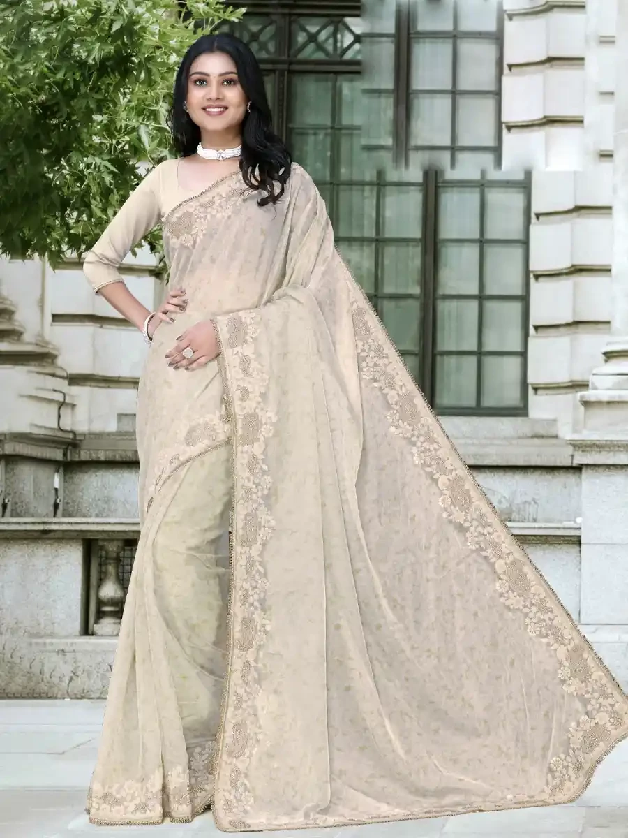 Beige Organza Printed Festival Casual Classic Style Saree