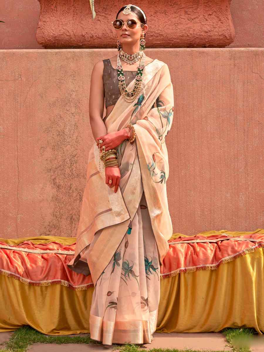 Beige Organza Silk Handwoven Festival Casual Heavy Border Saree