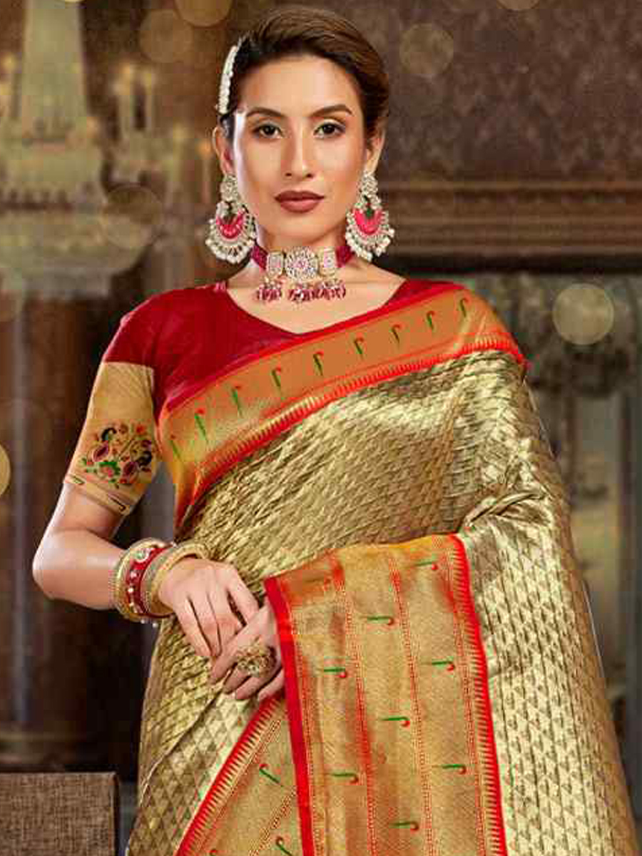 Beige Paithani Silk Handwoven Wedding Festival Heavy Border Saree