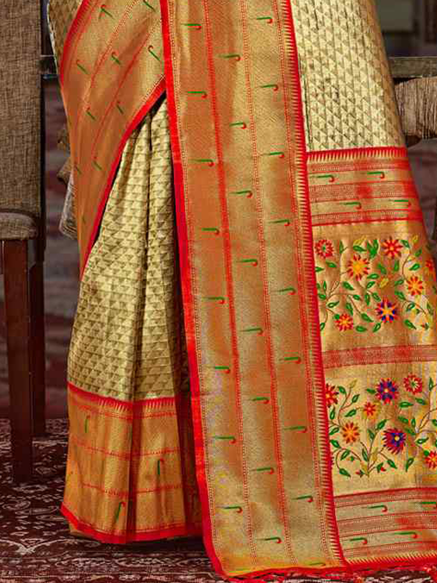 Beige Paithani Silk Handwoven Wedding Festival Heavy Border Saree