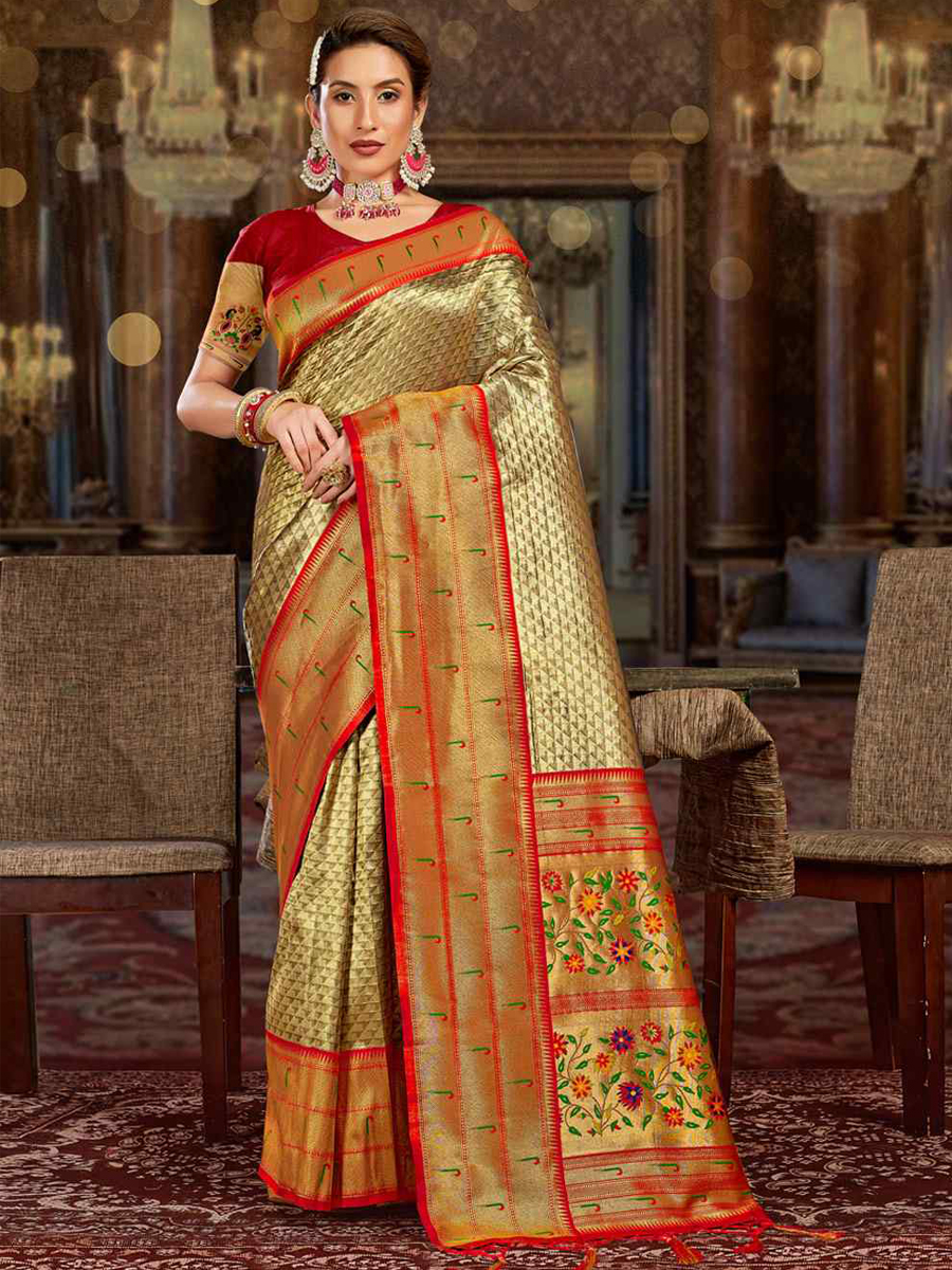 Beige Paithani Silk Handwoven Wedding Festival Heavy Border Saree