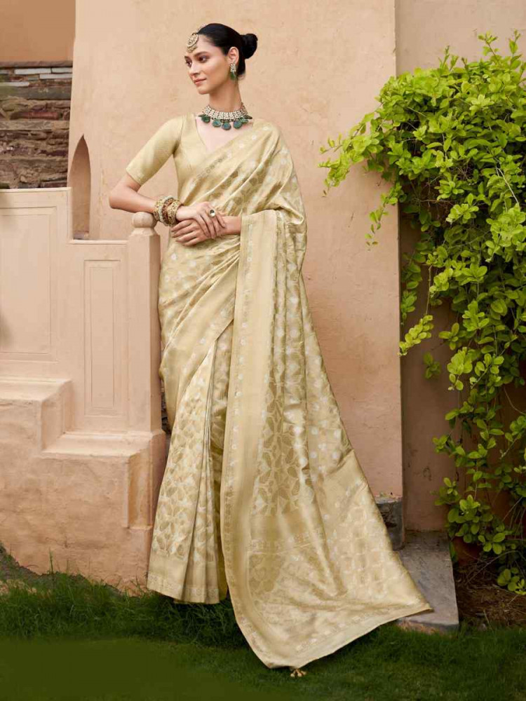 Beige Poly Viscose Silk Banarasi Silk Handwoven Festival Casual Heavy Border Saree