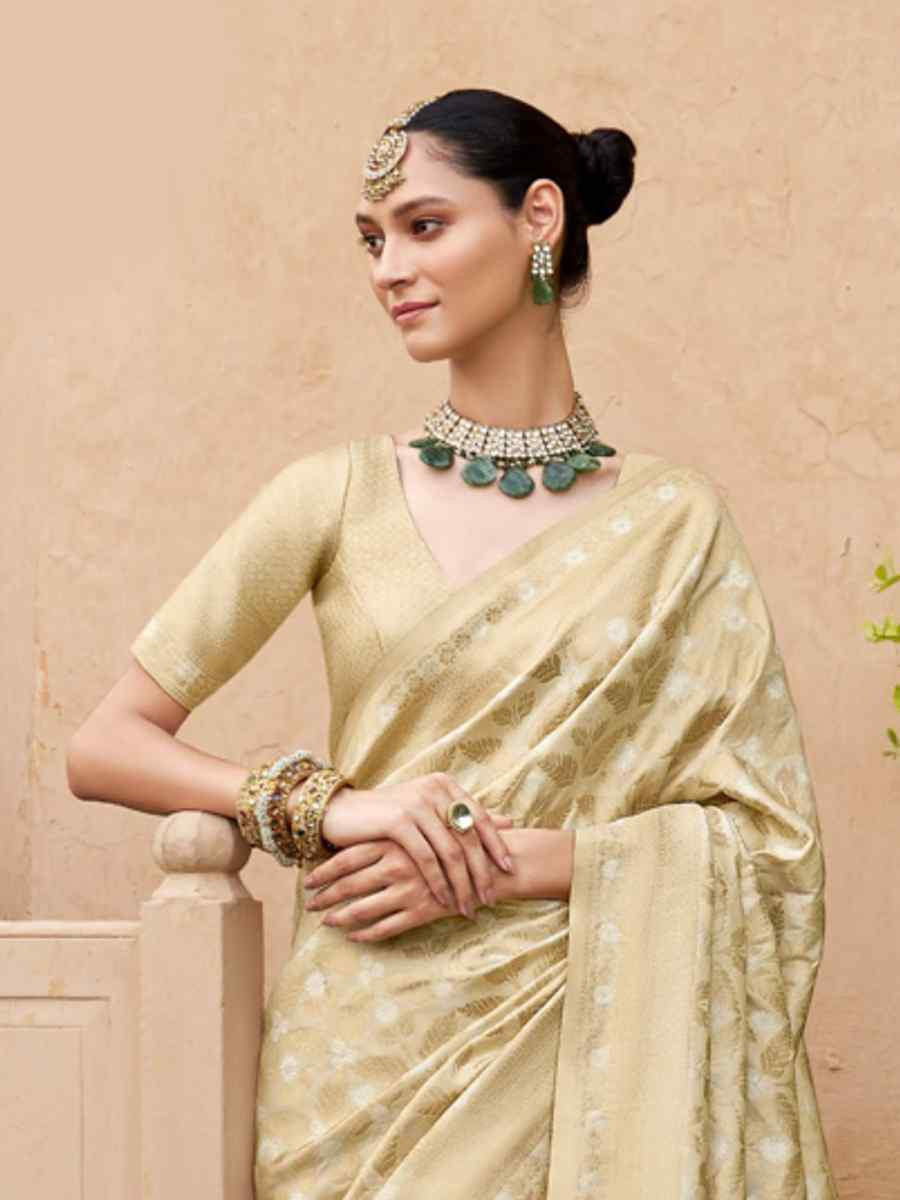 Beige Poly Viscose Silk Banarasi Silk Handwoven Festival Casual Heavy Border Saree