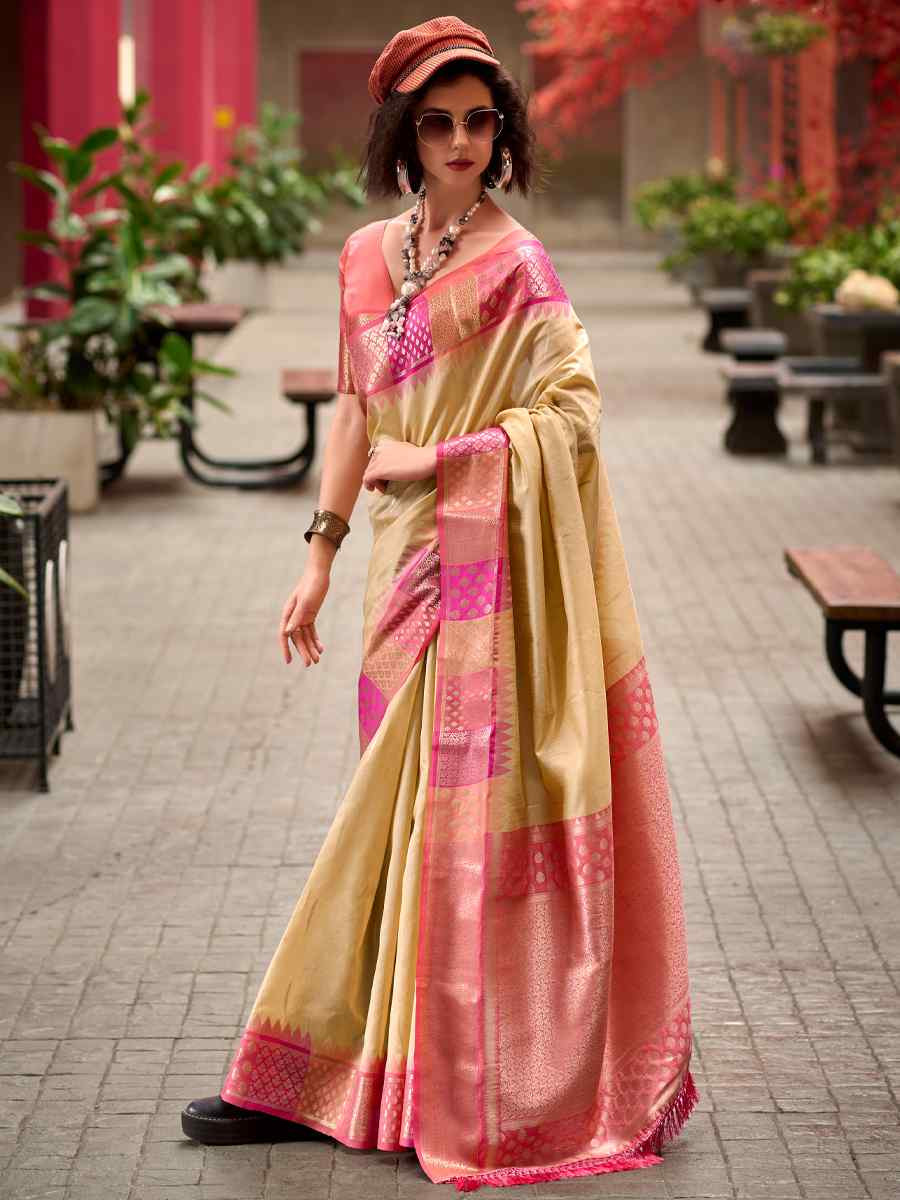 Beige Pure Banarasi Handwoven Festival Wedding Heavy Border Saree