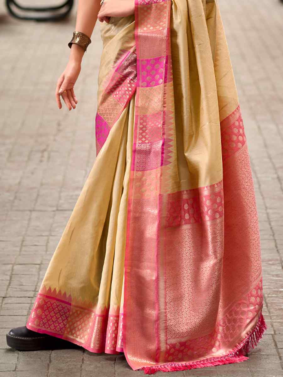 Beige Pure Banarasi Handwoven Festival Wedding Heavy Border Saree