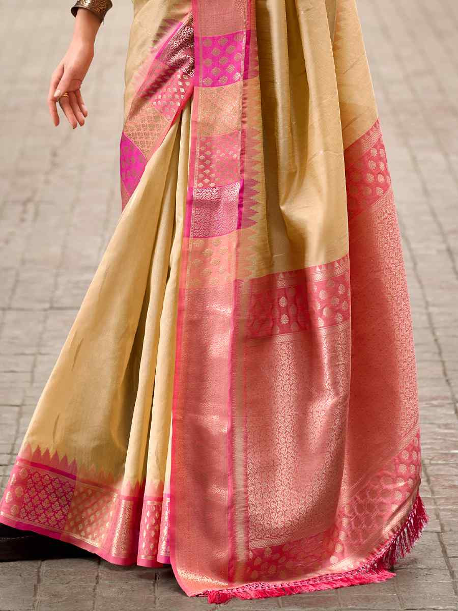 Beige Pure Banarasi Silk Handwoven Festival Wedding Heavy Border Saree