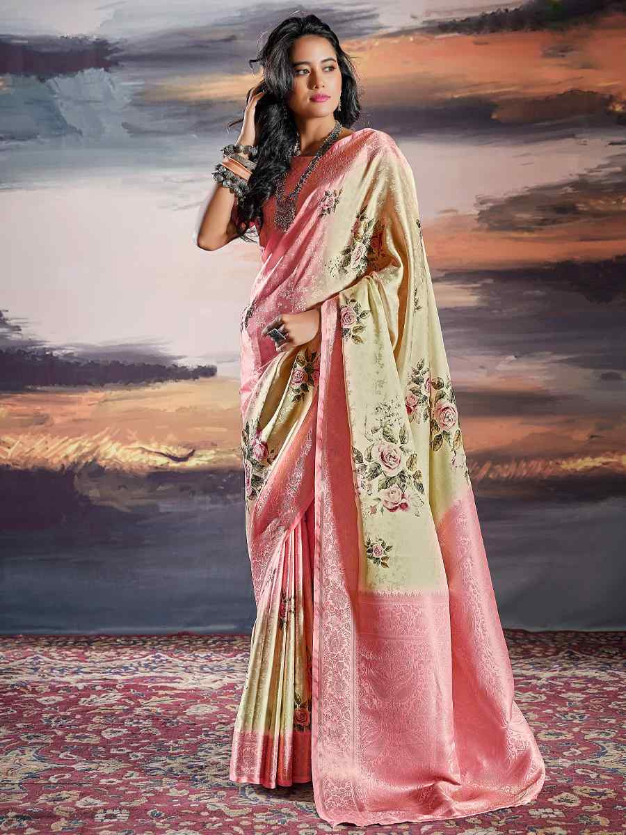 Beige Pure Satin Handwoven Festival Wedding Heavy Border Saree