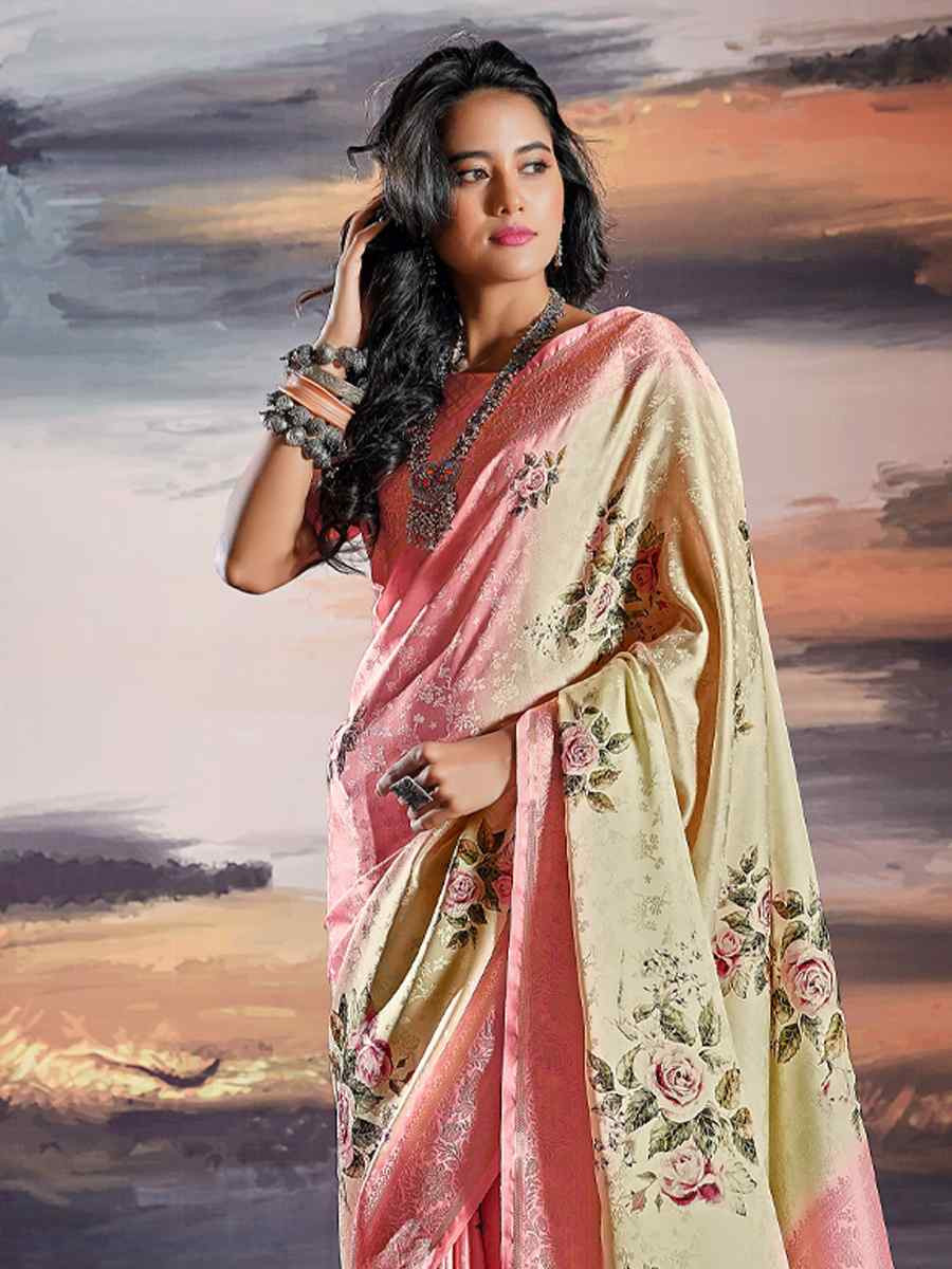 Beige Pure Satin Handwoven Festival Wedding Heavy Border Saree