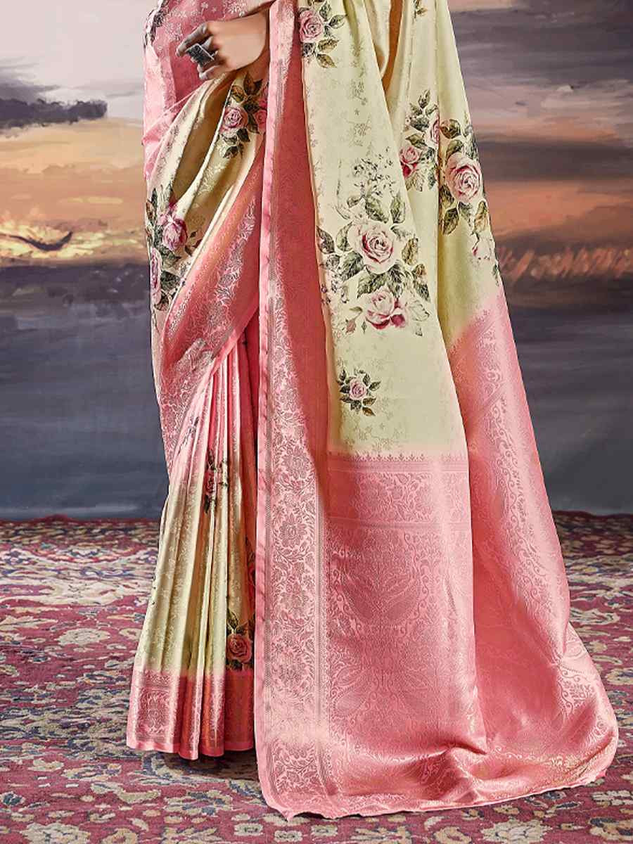 Beige Pure Satin Handwoven Festival Wedding Heavy Border Saree