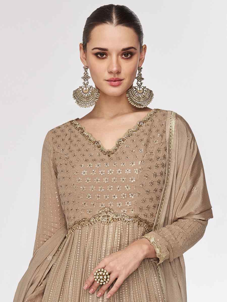 Beige Real Chinon Embroidered Festival Wedding Anarkali Salwar Kameez