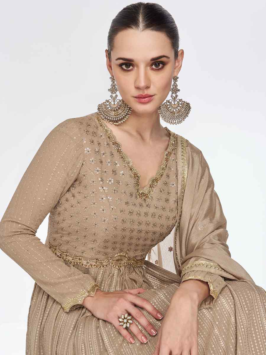 Beige Real Chinon Embroidered Festival Wedding Anarkali Salwar Kameez