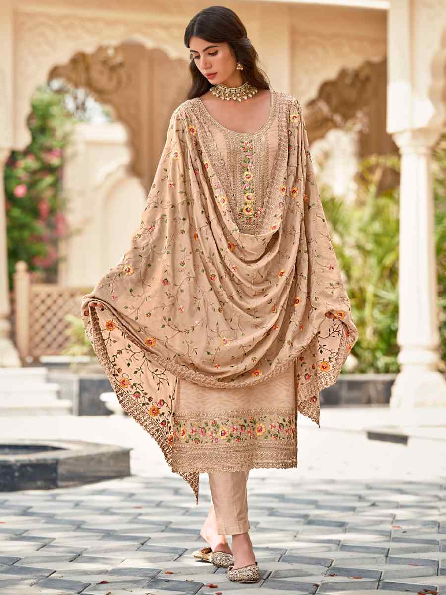 Beige Real Georgette Embroidered Festival Casual Pant Salwar Kameez