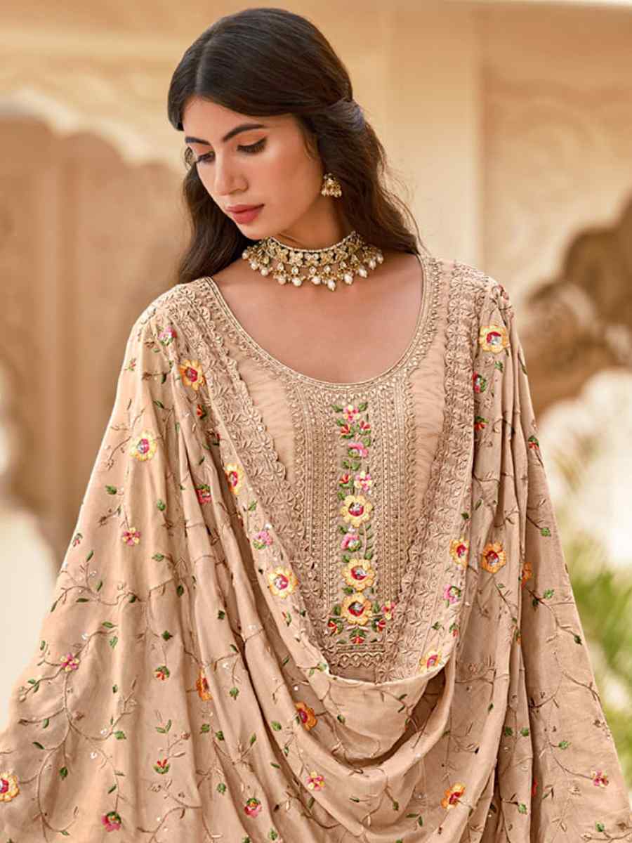 Beige Real Georgette Embroidered Festival Casual Pant Salwar Kameez