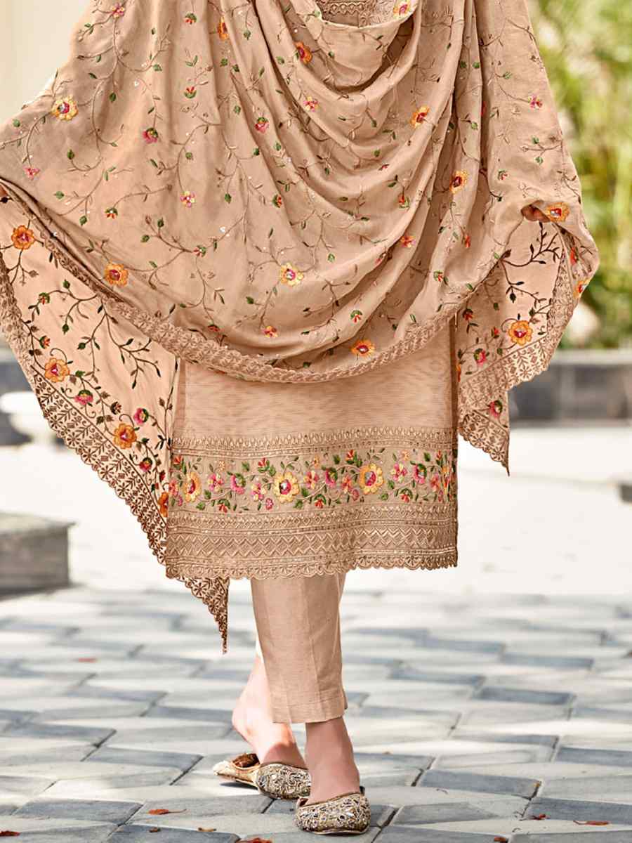 Beige Real Georgette Embroidered Festival Casual Pant Salwar Kameez