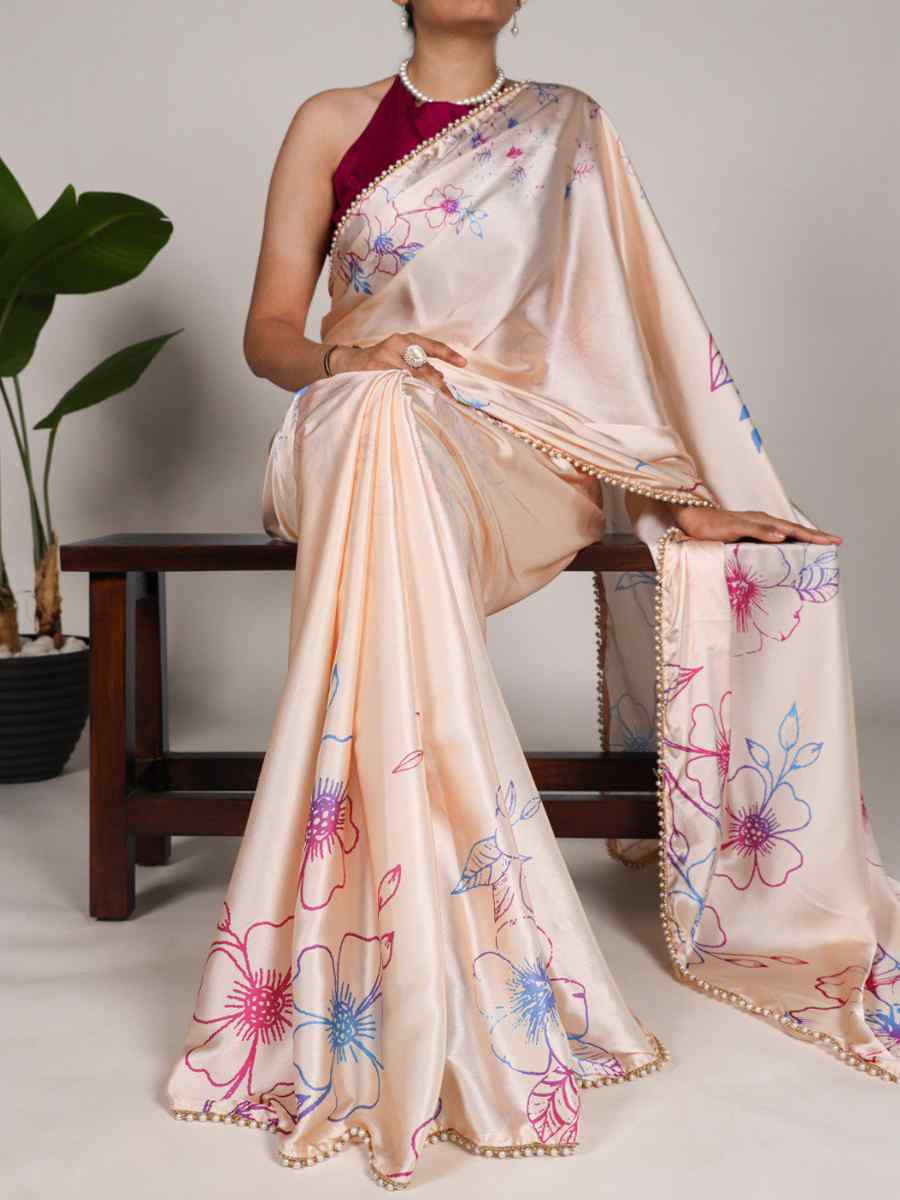 Beige Satin Silk Printed Festival Casual Contemporary Saree