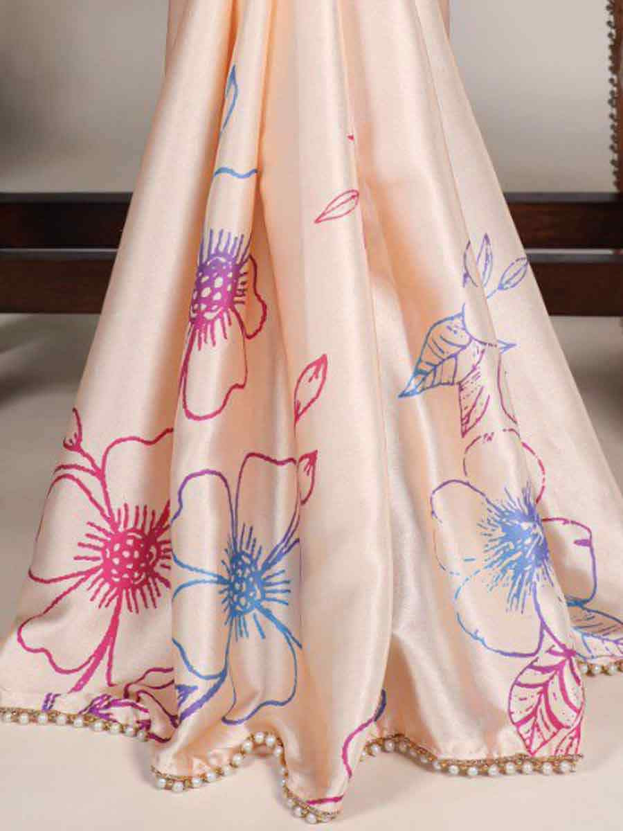 Beige Satin Silk Printed Festival Casual Contemporary Saree