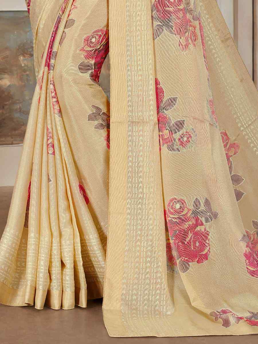 Beige Silk Embroidered Festival Party Heavy Border Saree