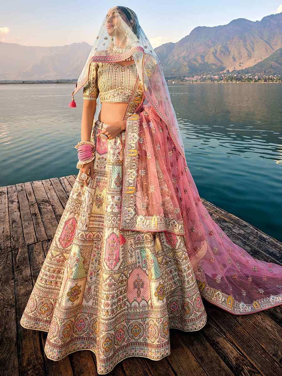 Beige Silk Embroidered Wedding Bridal Heavy Border Lehenga Choli