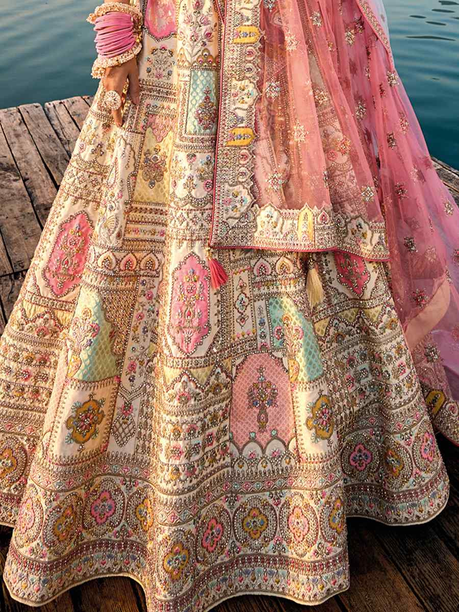 Beige Silk Embroidered Wedding Bridal Heavy Border Lehenga Choli