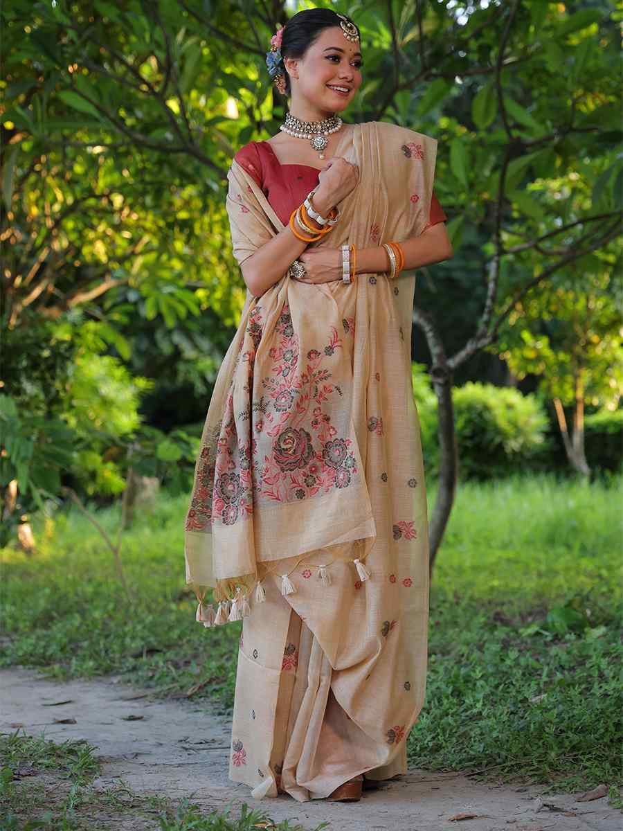 Beige Soft muga Cotton Printed Festival Casual Contemporary Saree