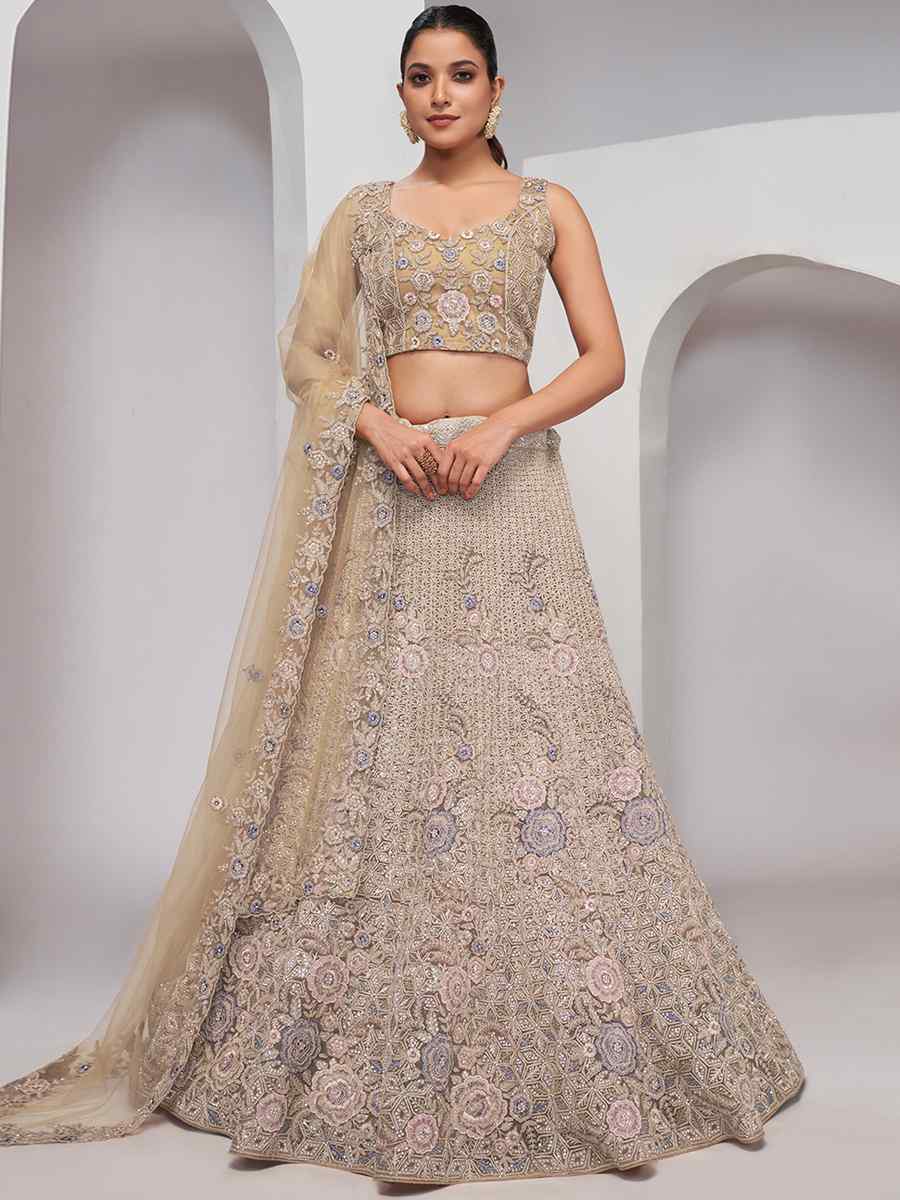 Beige Soft Net Embroidery Bridesmaid Wedding Heavy Border Lehenga Choli