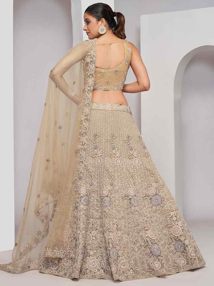 Beige Soft Net Embroidery Bridesmaid Wedding Heavy Border Lehenga Choli