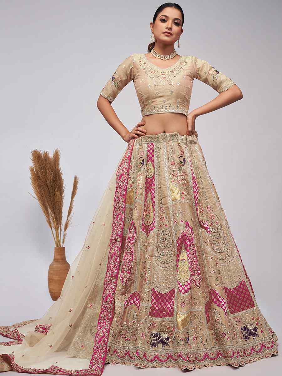 Beige Soft Net Embroidery Bridesmaid Wedding Heavy Border Lehenga Choli