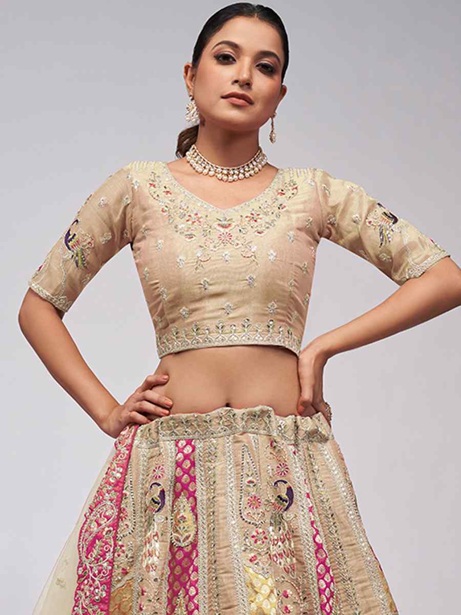 Beige Soft Net Embroidery Bridesmaid Wedding Heavy Border Lehenga Choli