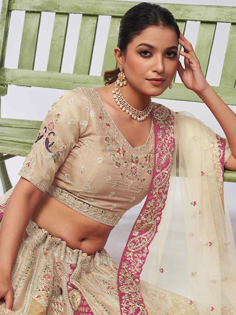 Beige Soft Net Embroidery Bridesmaid Wedding Heavy Border Lehenga Choli