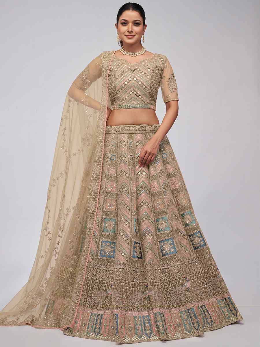 Beige Soft Net Embroidery Bridesmaid Wedding Heavy Border Lehenga Choli