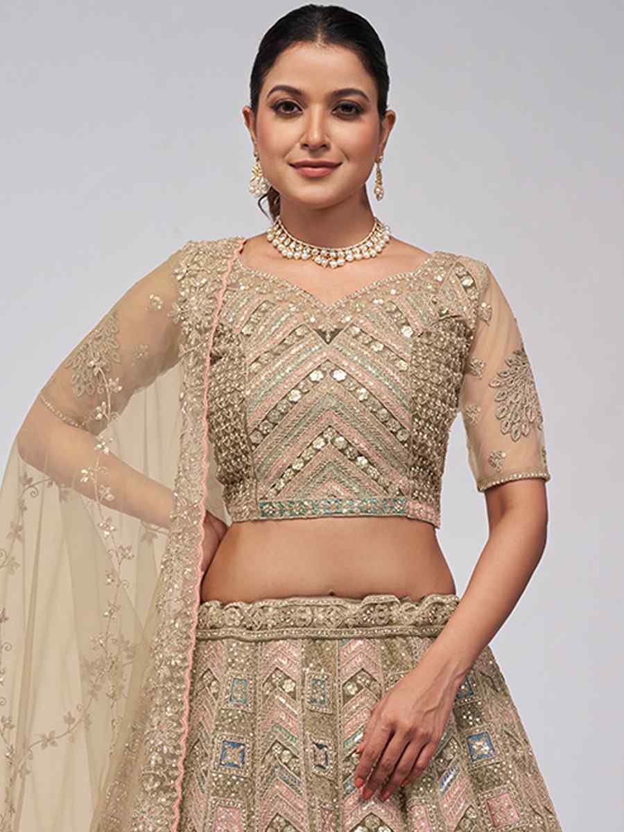 Beige Soft Net Embroidery Bridesmaid Wedding Heavy Border Lehenga Choli