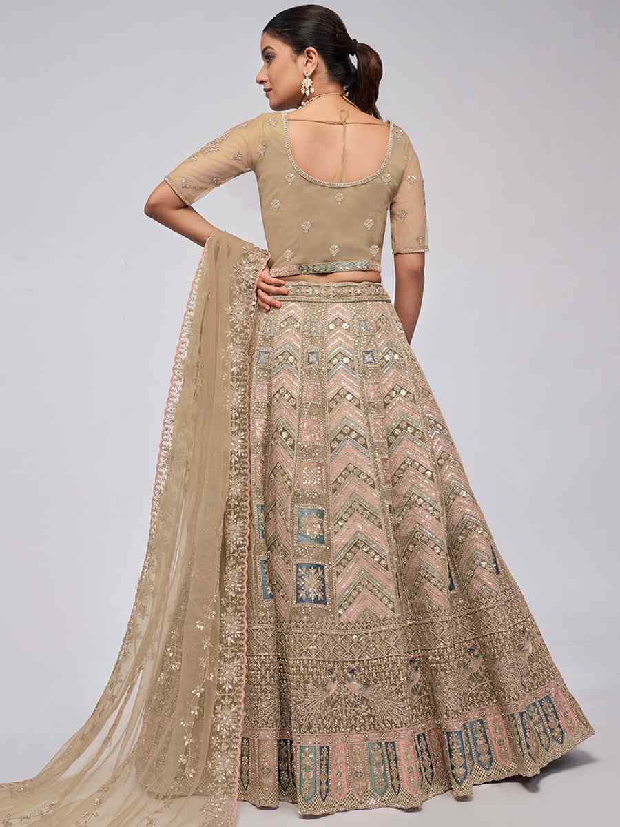 Beige Soft Net Embroidery Bridesmaid Wedding Heavy Border Lehenga Choli