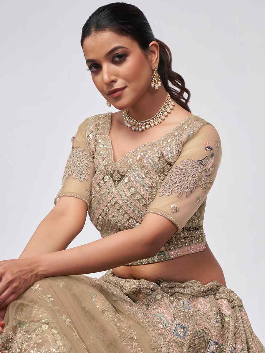 Beige Soft Net Embroidery Bridesmaid Wedding Heavy Border Lehenga Choli