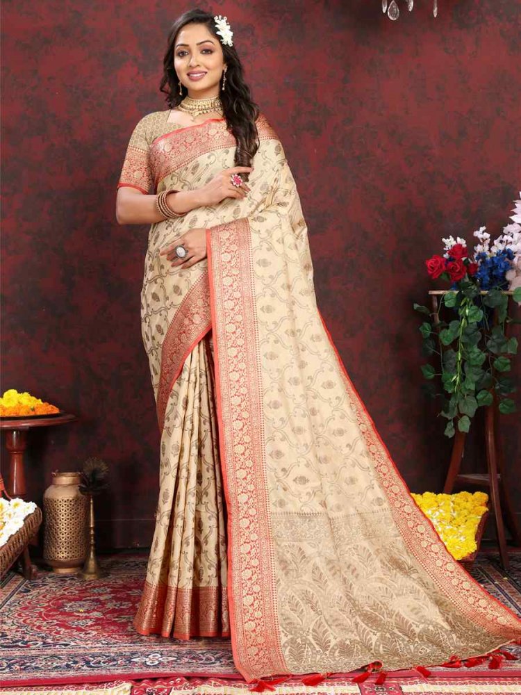 Beige Soft Silk Handwoven Wedding Festival Heavy Border Saree