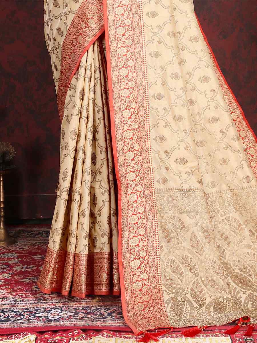 Beige Soft Silk Handwoven Wedding Festival Heavy Border Saree