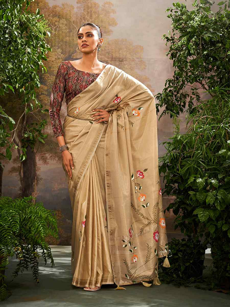 Beige Tissue Silk Handwoven Festival Casual Classic Style Saree