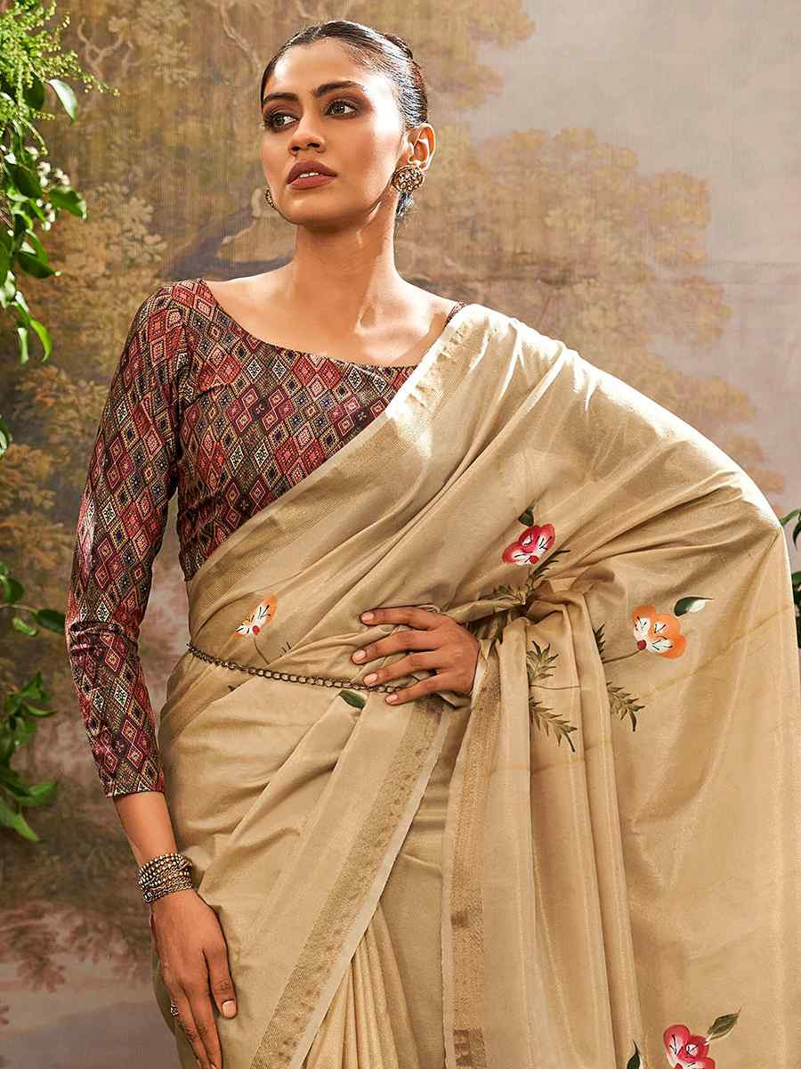 Beige Tissue Silk Handwoven Festival Casual Classic Style Saree