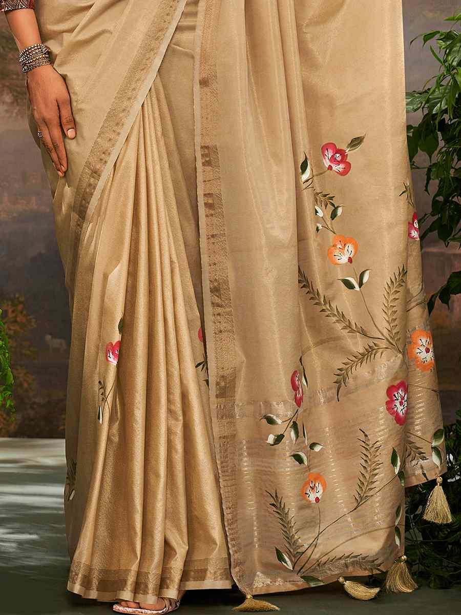 Beige Tissue Silk Handwoven Festival Casual Classic Style Saree