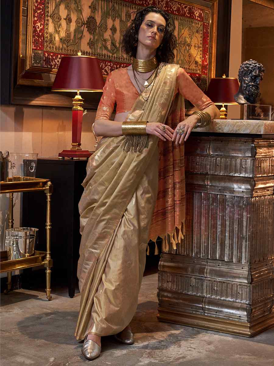 Beige Tissue Silk Handwoven Festival Wedding Heavy Border Saree