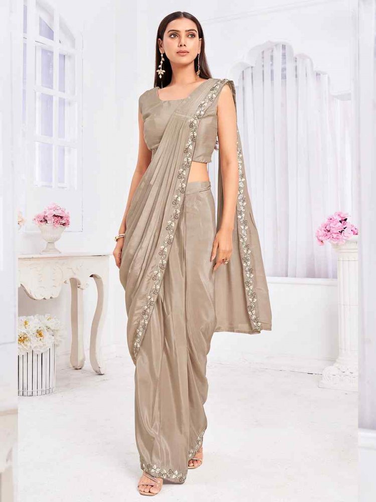 Beige Tusser Silk Embroidered Festival Casual Classic Style Saree