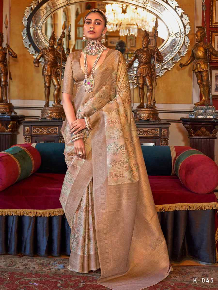 Beige Tusser Silk Handwoven Festival Wedding Heavy Border Saree