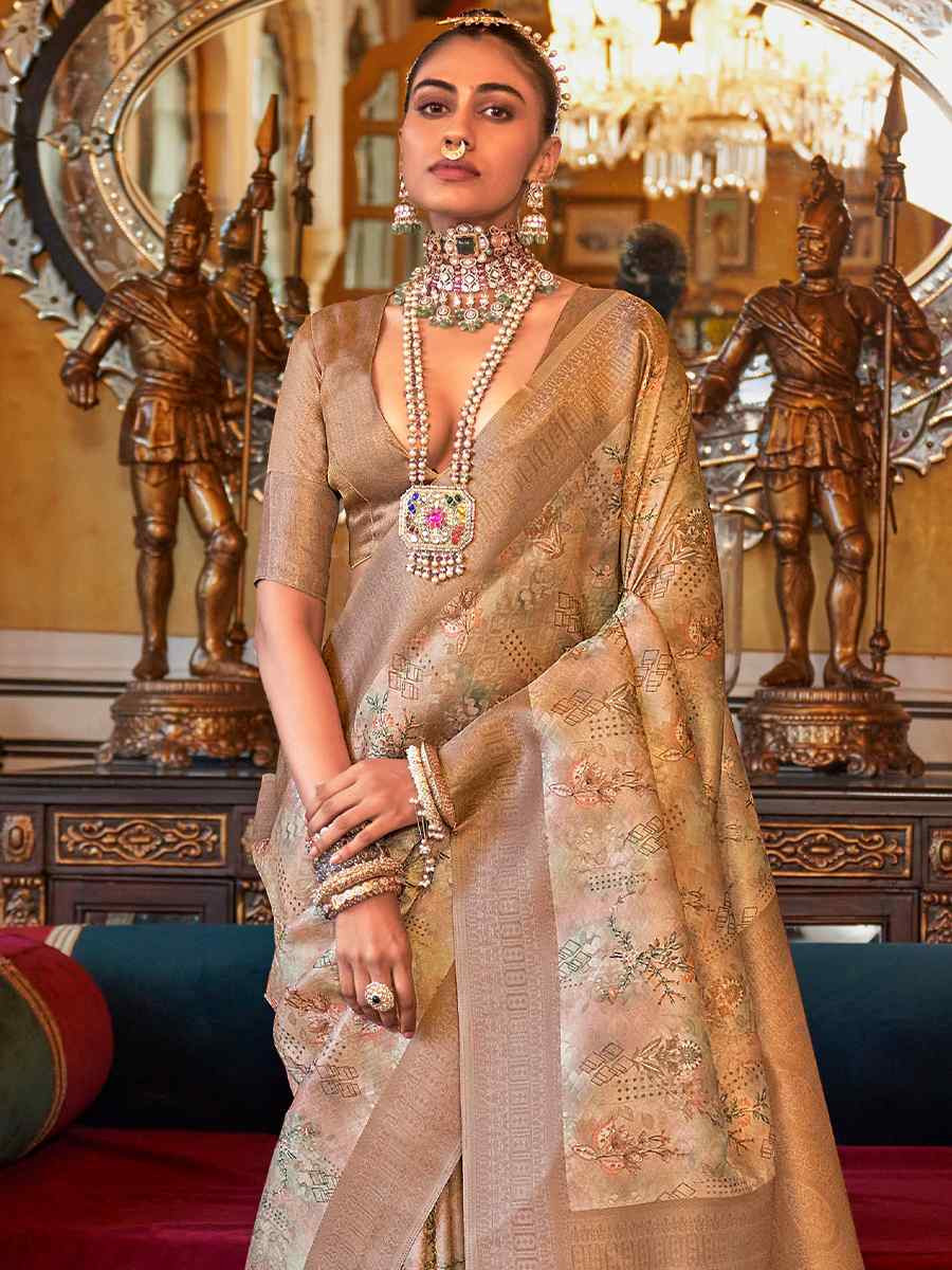 Beige Tusser Silk Handwoven Festival Wedding Heavy Border Saree