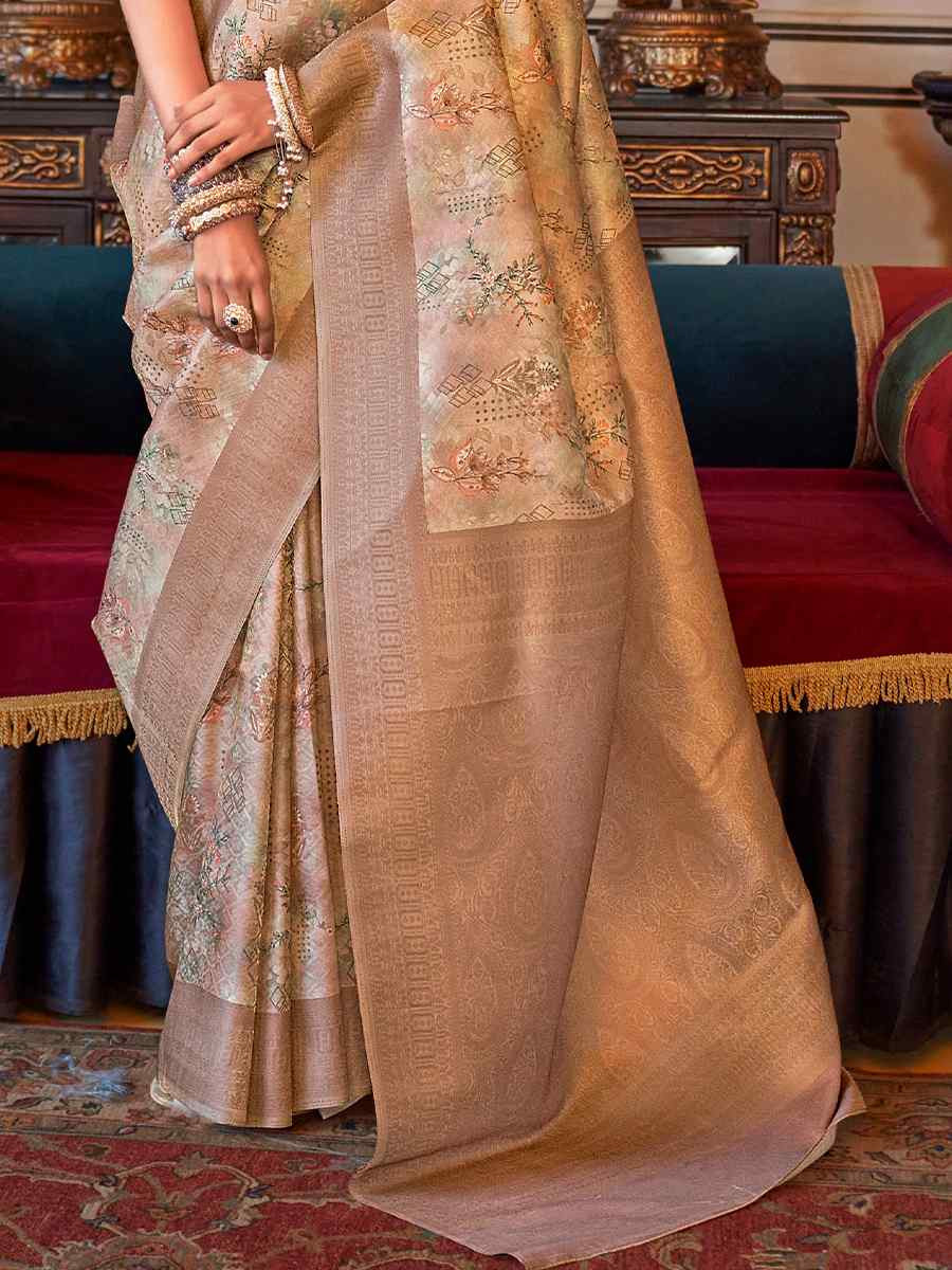 Beige Tusser Silk Handwoven Festival Wedding Heavy Border Saree