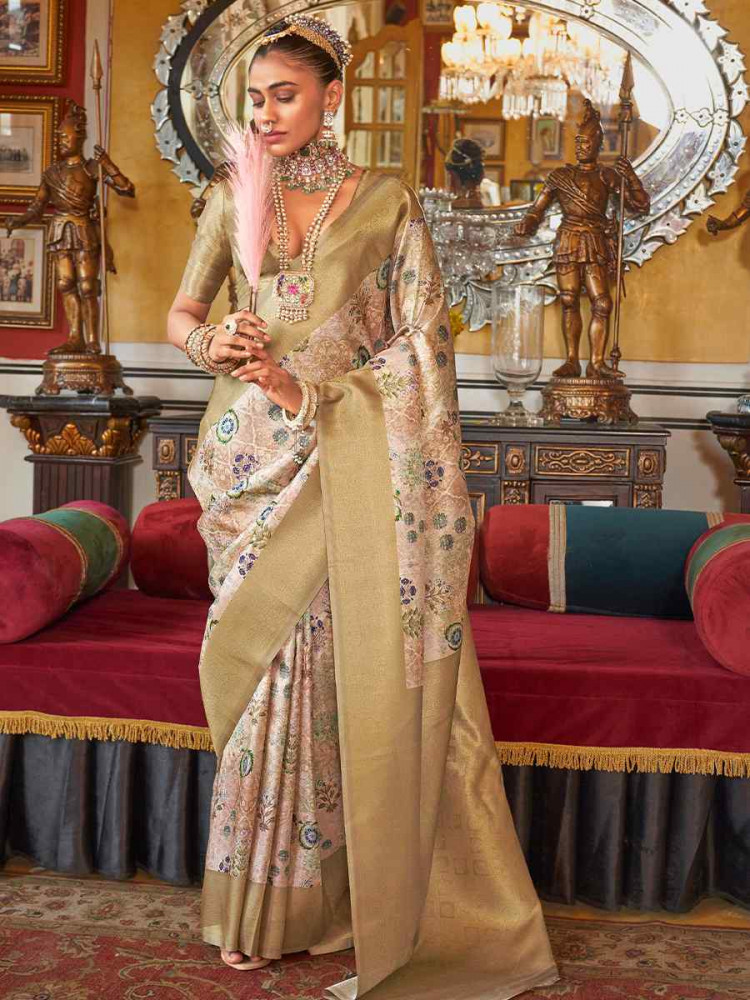 Beige Tusser Silk Handwoven Festival Wedding Heavy Border Saree