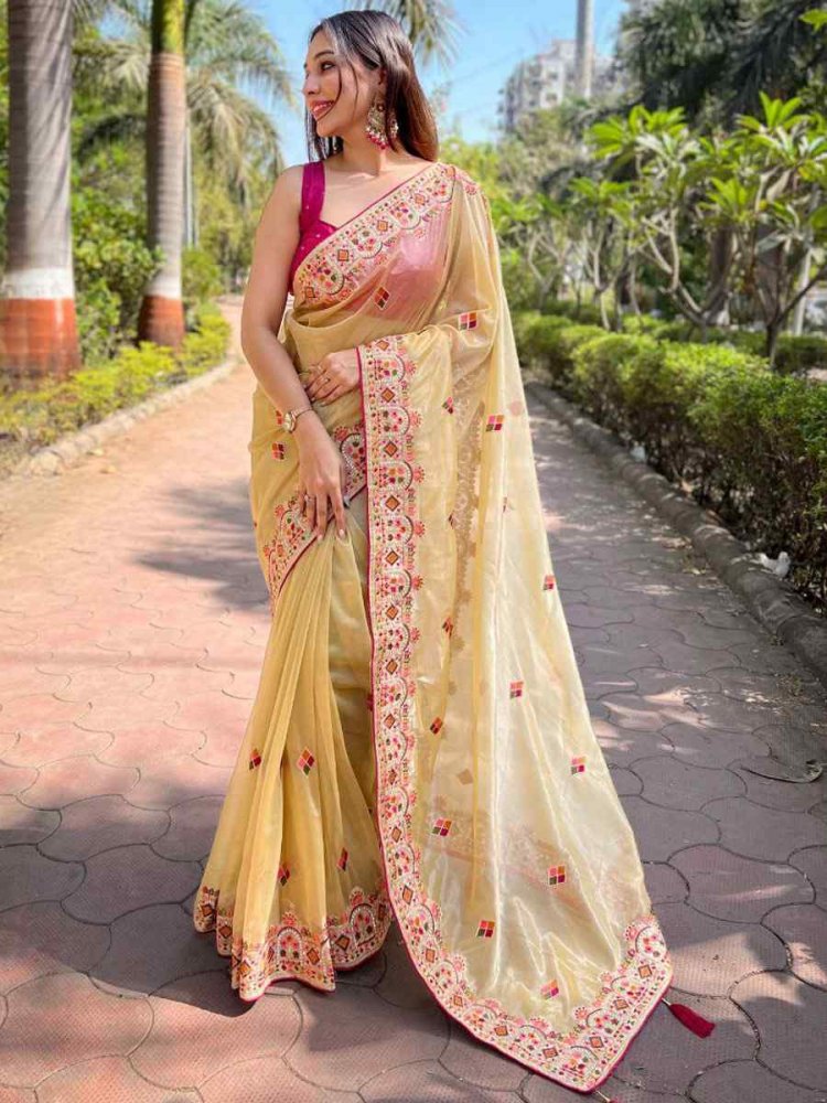 Beige Twill Net Embroidered Party Reception Heavy Border Saree